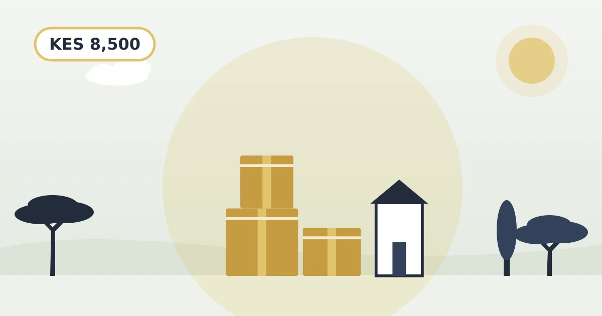 Moving boxes beside a new home, with KES 8,500 shown