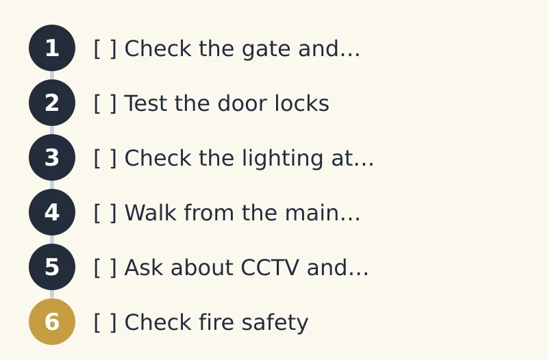 Steps: 1. [ ] Check the gate and…; 2. [ ] Test the door locks.; 3. [ ] Check the lighting at…; 4. [ ] Walk from the main…; 5. [ ] Ask about CCTV and…; 6. [ ] Check fire safety.