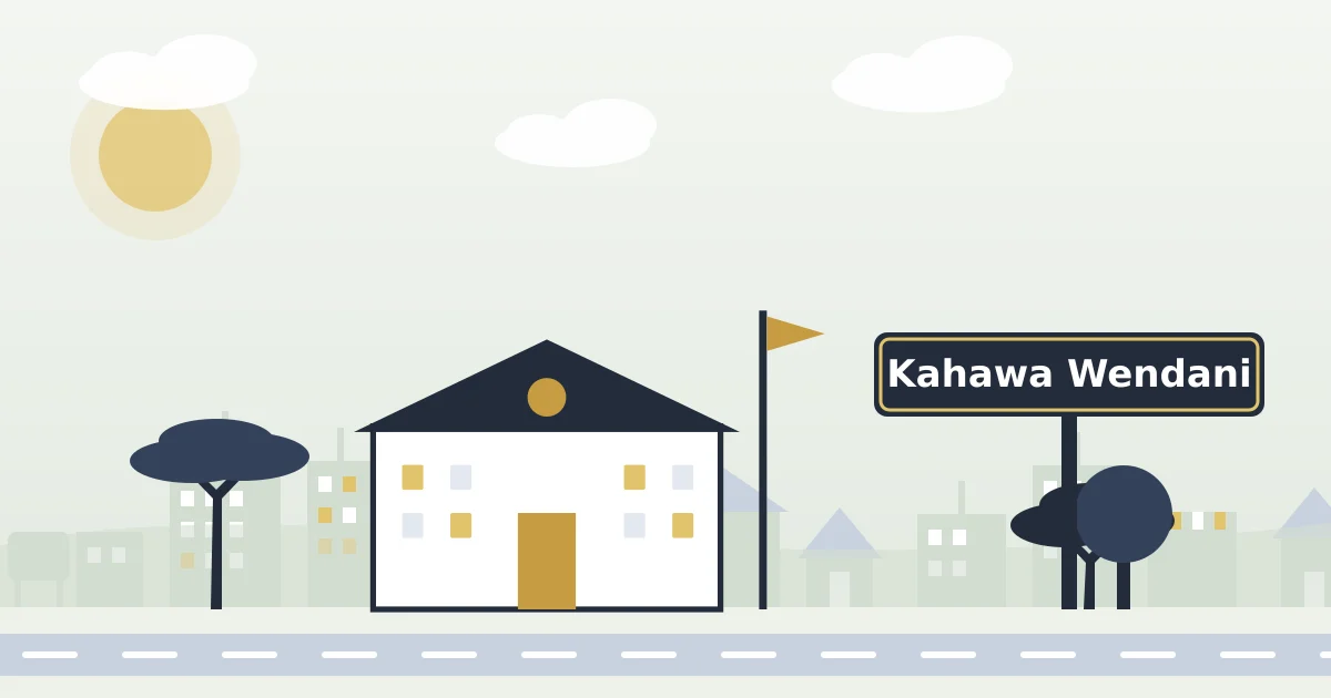A school with a flag, beside a sign for Kahawa Wendani