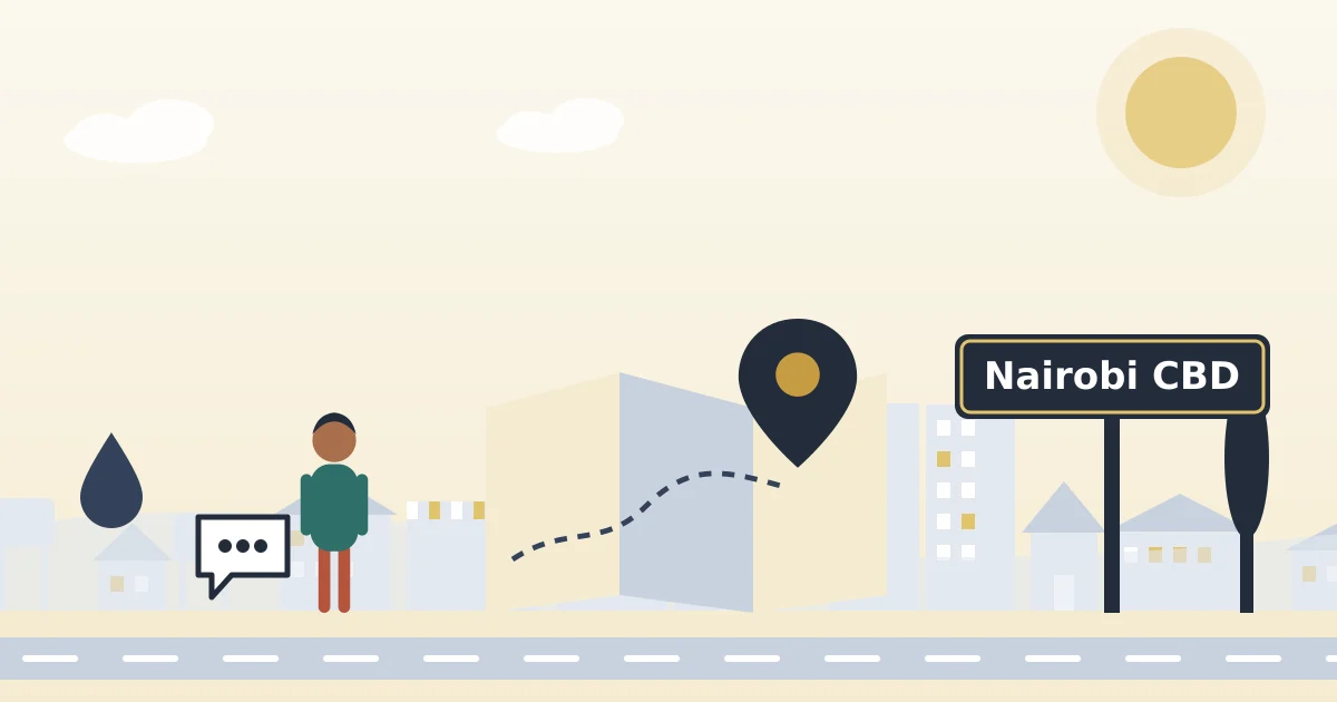 A neighbourhood map with a location pin, beside a sign for Nairobi CBD
