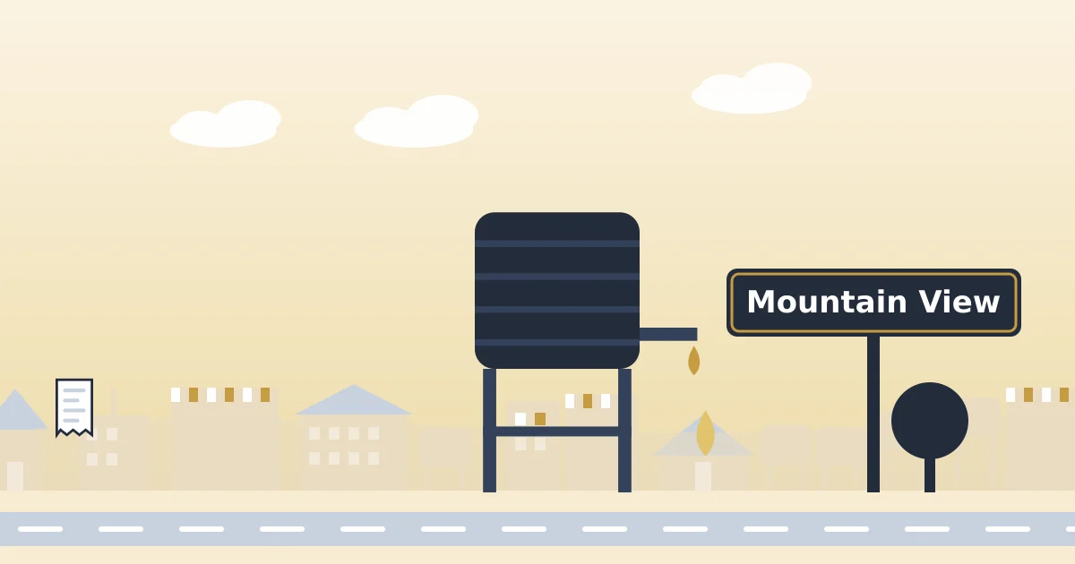A raised water tank with drops of water, beside a sign for Mountain View