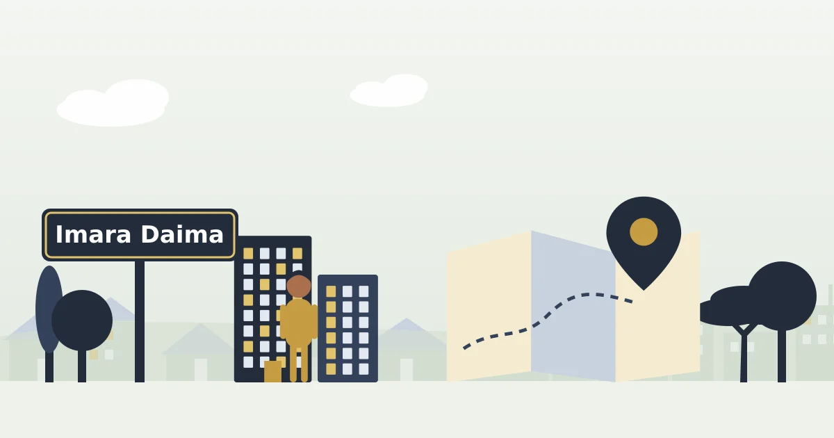 A neighbourhood map with a location pin, beside a sign for Imara Daima