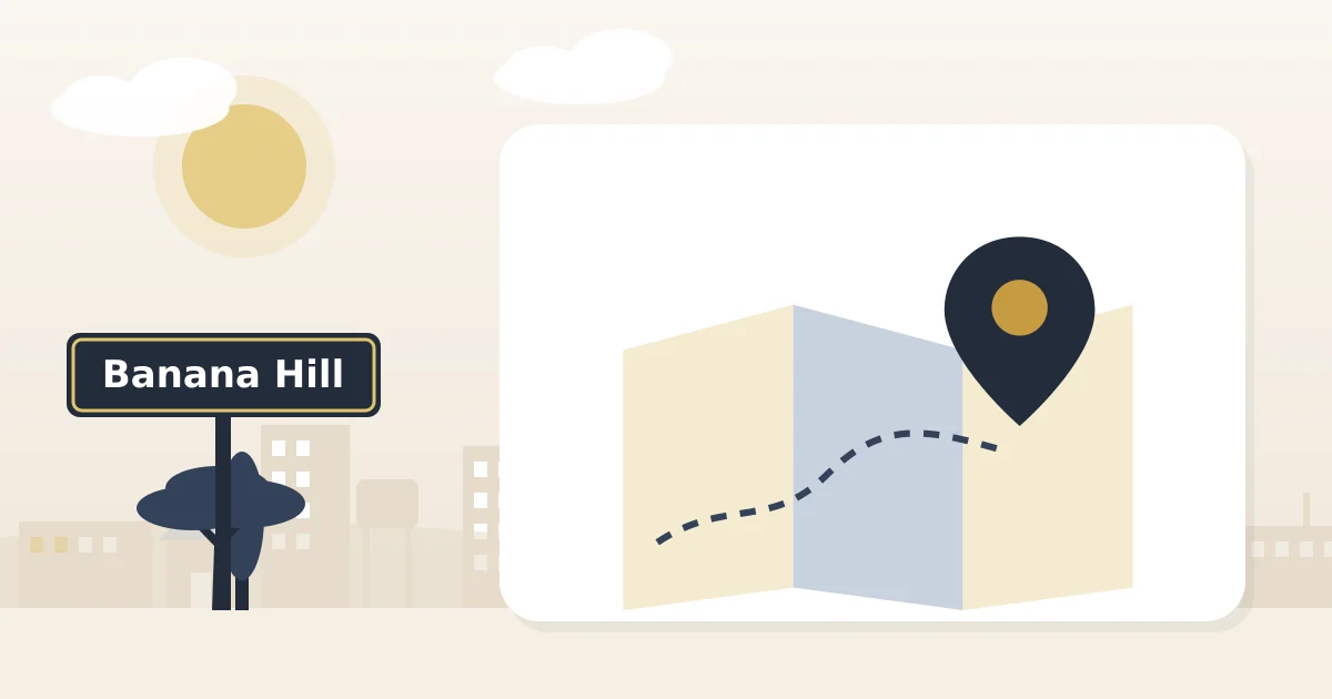 A neighbourhood map with a location pin, beside a sign for Banana Hill