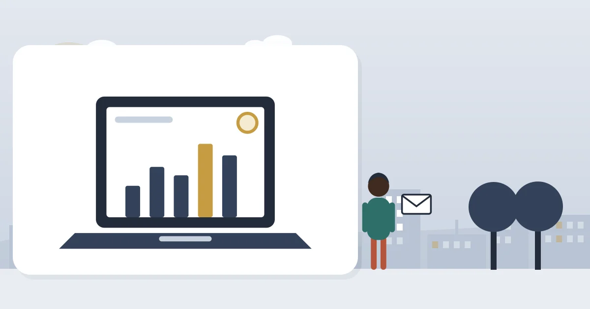 A laptop showing a property dashboard with bar charts