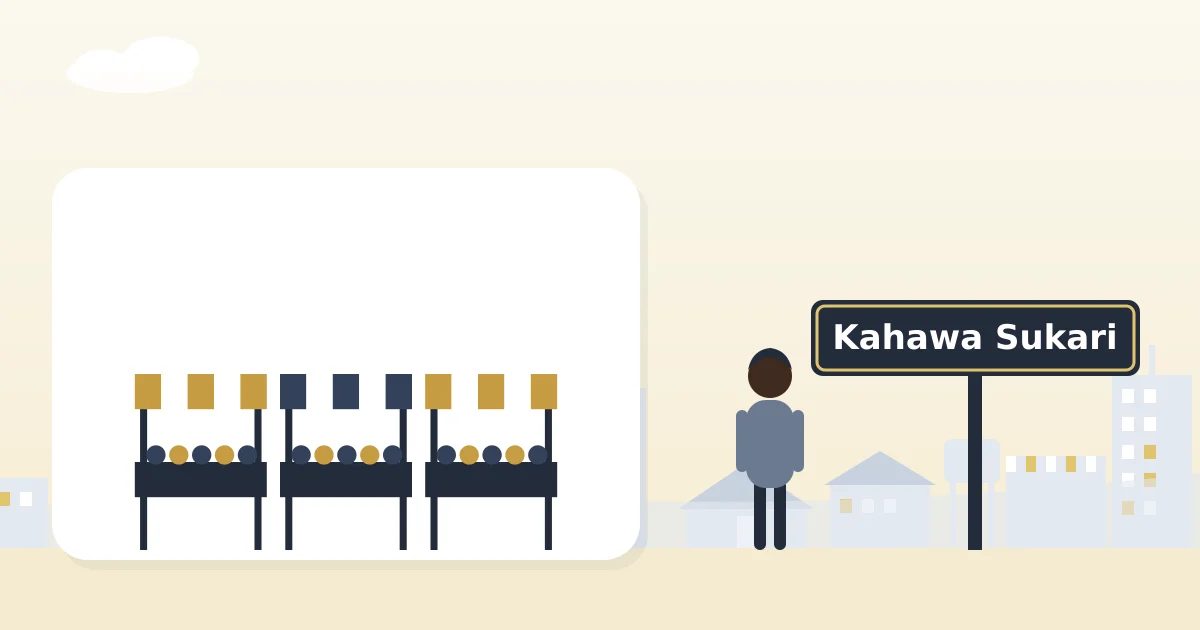 Market stalls with striped awnings, beside a sign for Kahawa Sukari