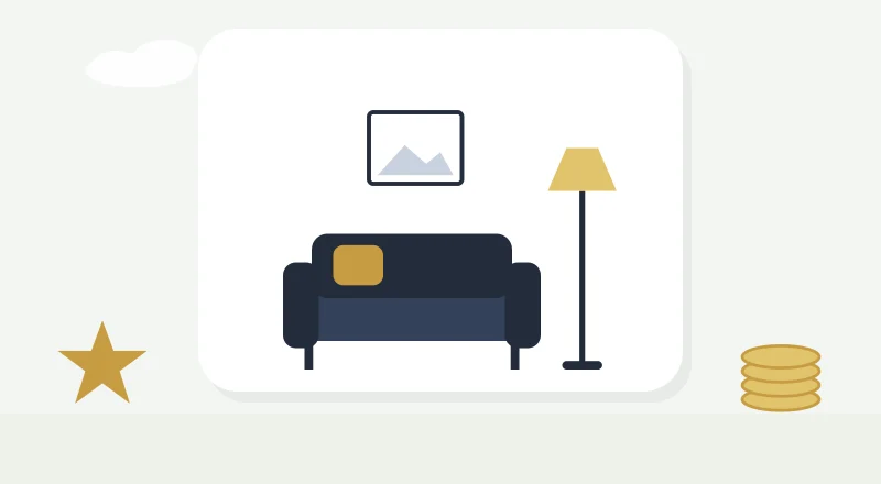 A cosy living room with a sofa and a lamp