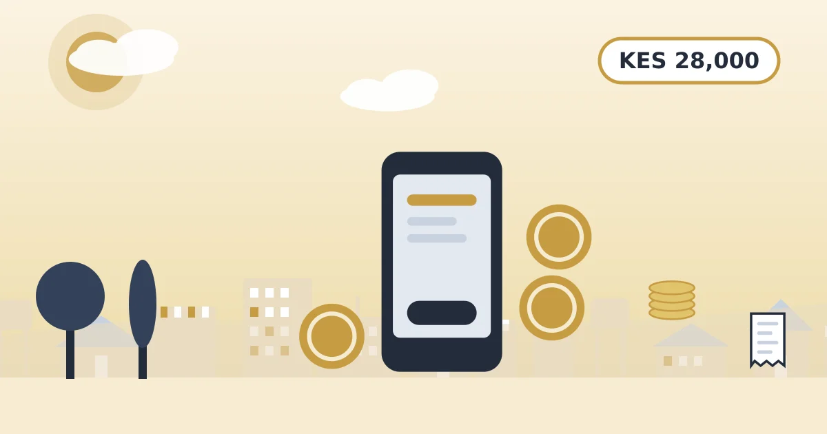 A phone with M-Pesa coins, with KES 28,000 shown