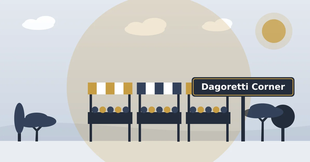 Market stalls with striped awnings, beside a sign for Dagoretti Corner