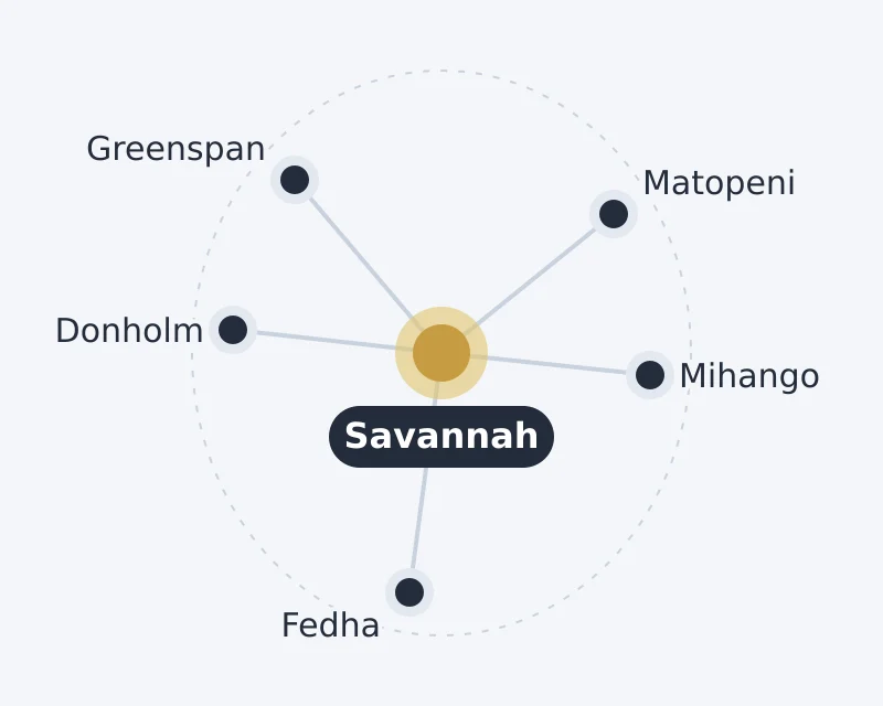 Diagram of Savannah and nearby areas: Donholm, Fedha, Greenspan, Matopeni, Mihango