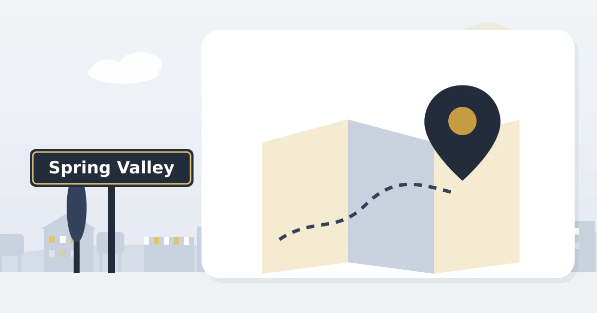 A neighbourhood map with a location pin, beside a sign for Spring Valley