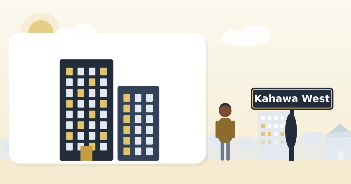 Two apartment blocks with lit windows, beside a sign for Kahawa West
