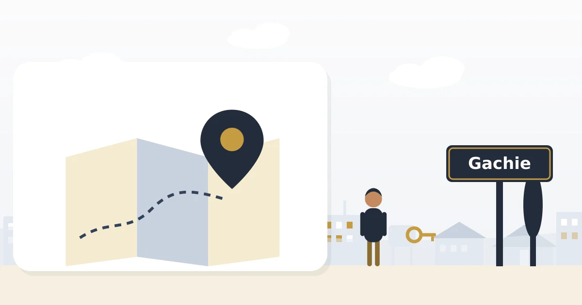 A neighbourhood map with a location pin, beside a sign for Gachie