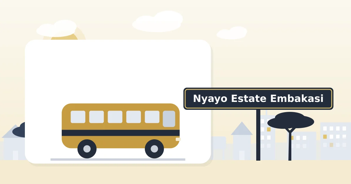 A matatu on the road, beside a sign for Nyayo Estate Embakasi