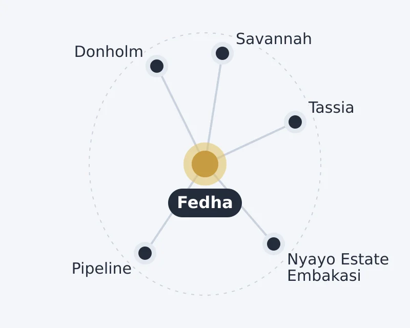 Diagram of Fedha and nearby areas: Donholm, Nyayo Estate Embakasi, Pipeline, Savannah, Tassia