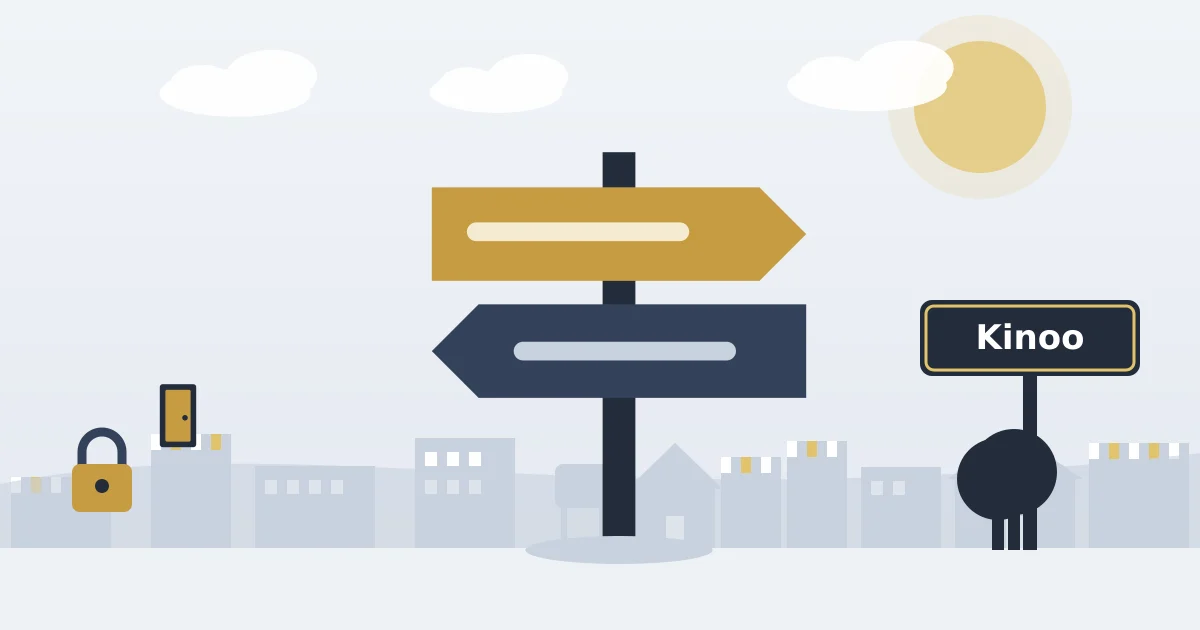 A signpost pointing the way, beside a sign for Kinoo