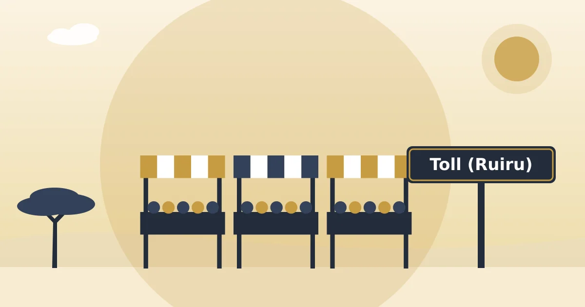 Market stalls with striped awnings, beside a sign for Toll (Ruiru)