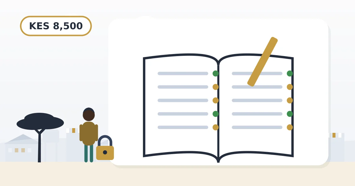 An open rent ledger with each payment ticked, with KES 8,500 shown