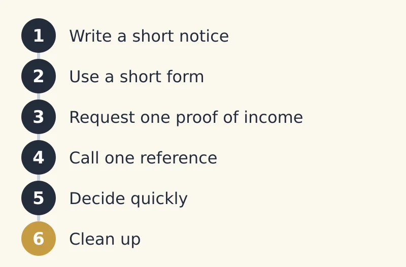 Steps: 1. Write a short notice.; 2. Use a short form.; 3. Request one proof of income.; 4. Call one reference.; 5. Decide quickly.; 6. Clean up.