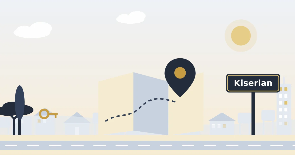 A neighbourhood map with a location pin, beside a sign for Kiserian