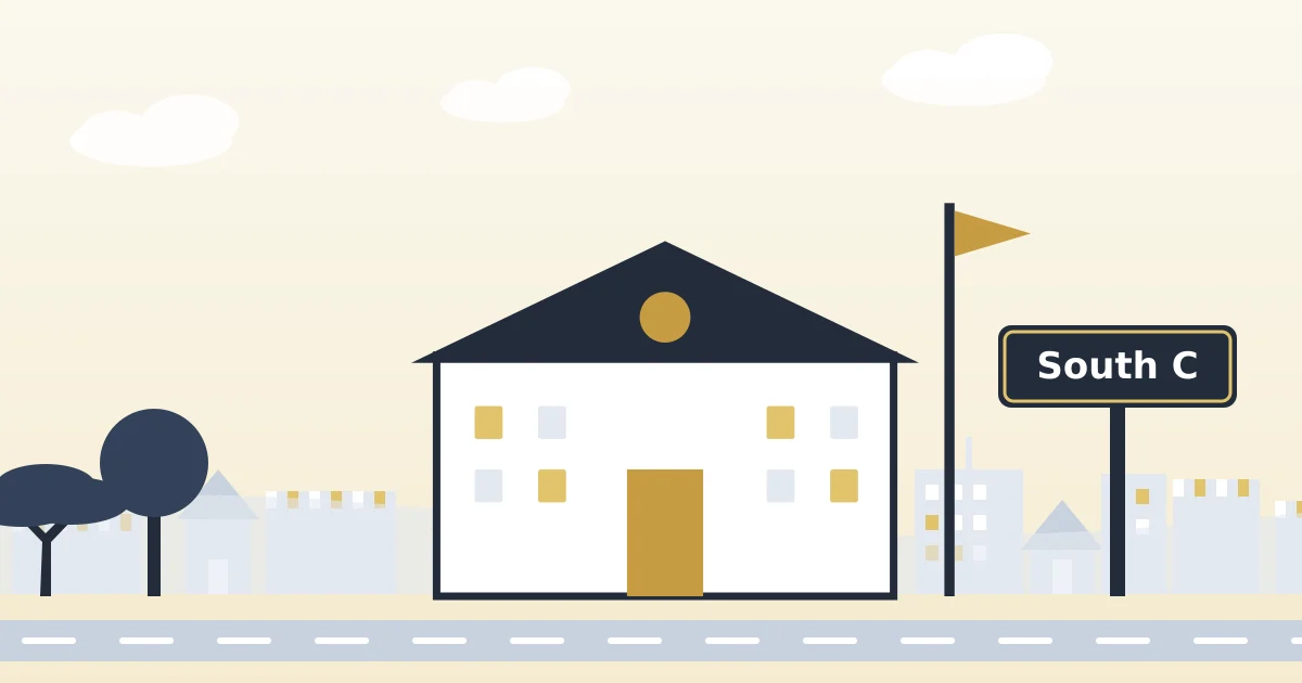 A school with a flag, beside a sign for South C