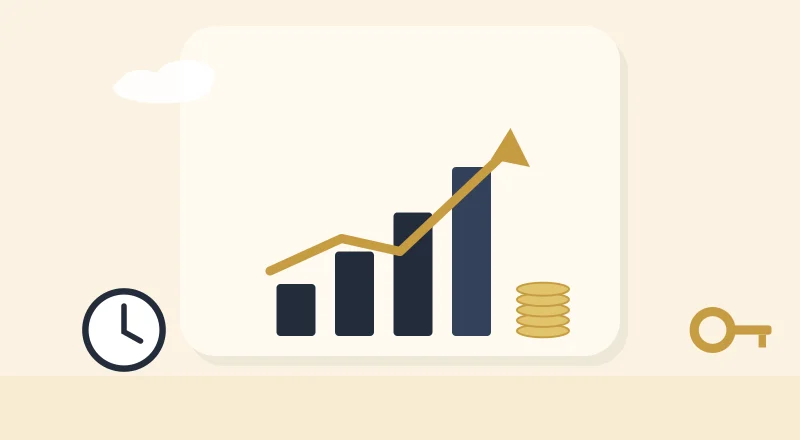 Rising bars with an arrow and a stack of coins