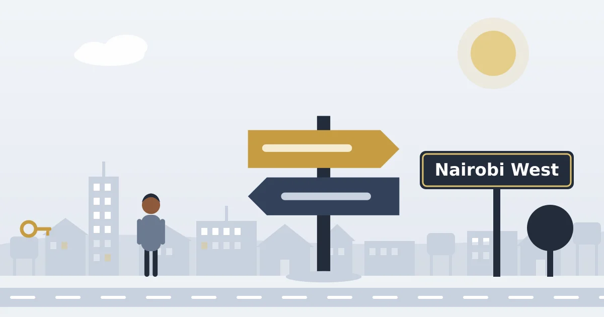 A signpost pointing the way, beside a sign for Nairobi West